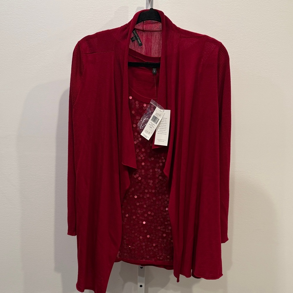 Eileen Fisher Vibrant Red Cardigan and Sequin Top Women Size M Merino Wool